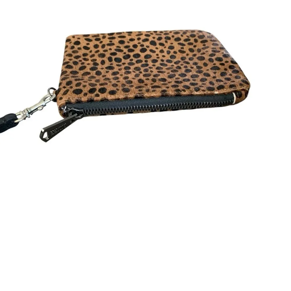 Aimee Kestenberg Calf Hair Leather Leopard Print Wristlet Clutch Zips Tan Black